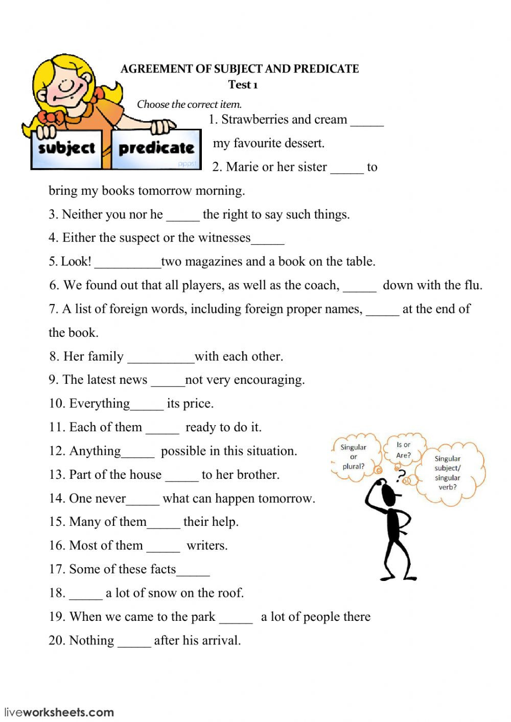 Subject Predicate Worksheet 6th Grade Subject and Verb Agreement Interactive Worksheet