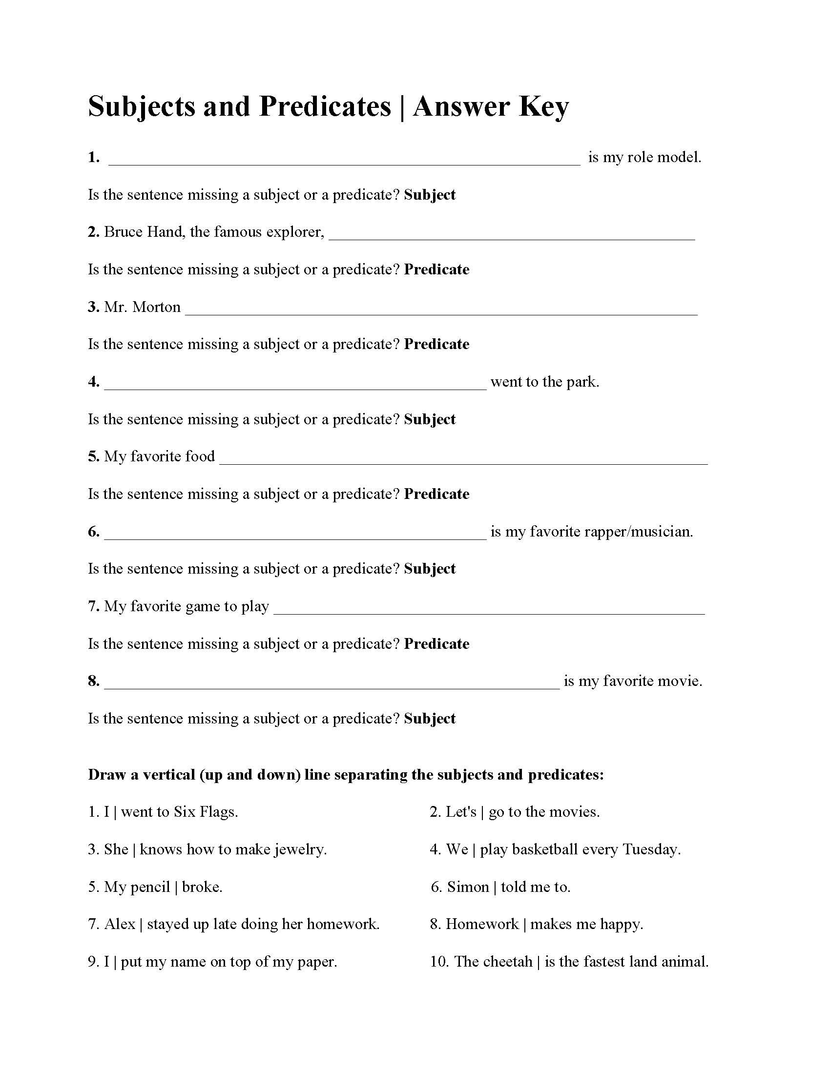 Subject Predicate Worksheet 6th Grade Subjects and Predicates Worksheet