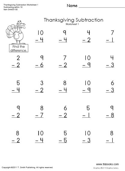 Subtraction Worksheet for 1st Grade Thanksgiving Subtraction Worksheet 1