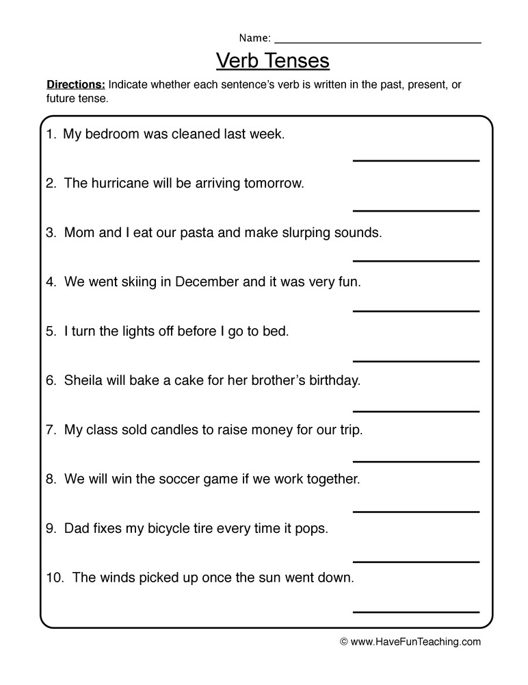Tenses Worksheets for Grade 5 Identifying Verb Tenses Worksheet