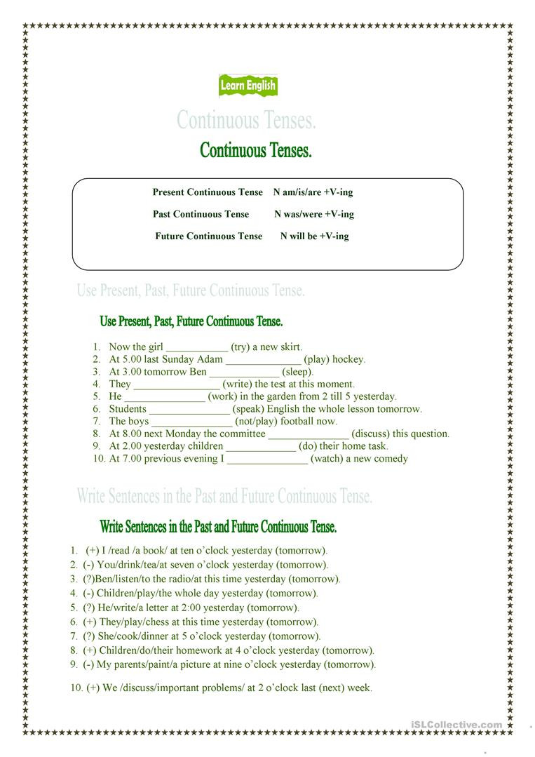 Tenses Worksheets for Grade 5 Present Past and Future Continuous Tenses English Esl