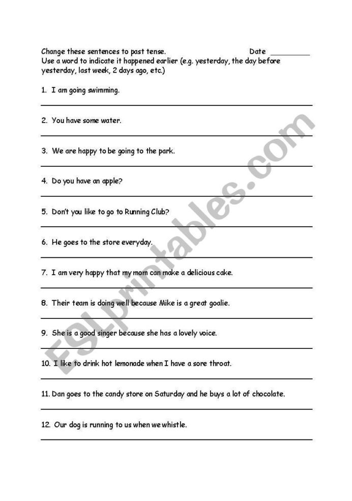 Tenses Worksheets for Grade 6 English Worksheets Change Sentences to Past Tense Changing