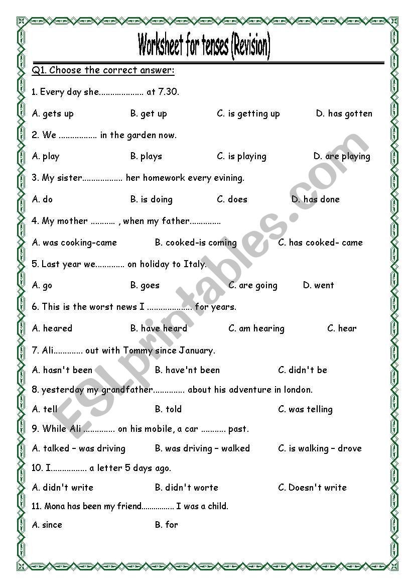 Tenses Worksheets for Grade 6 Exercises About Tenses Esl Worksheet by Muhamed
