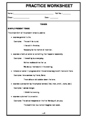 Tenses Worksheets for Grade 6 Tenses