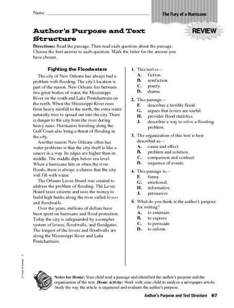Text Structure 4th Grade Worksheets Author S Purpose and Text Structure Worksheet for 4th 5th