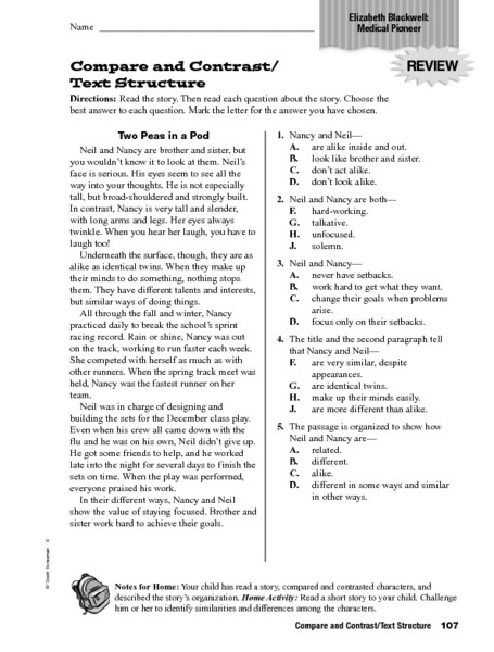 Text Structure 4th Grade Worksheets Pare and Contrast Text Structure Worksheet for 4th 6th