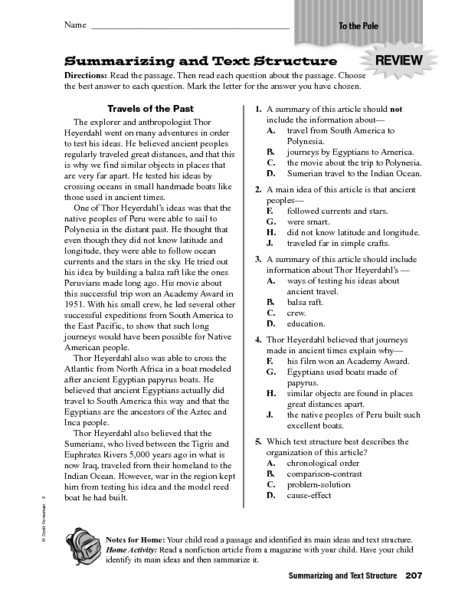 Text Structure 4th Grade Worksheets Summarizing and Text Structure Worksheet for 4th 6th Grade
