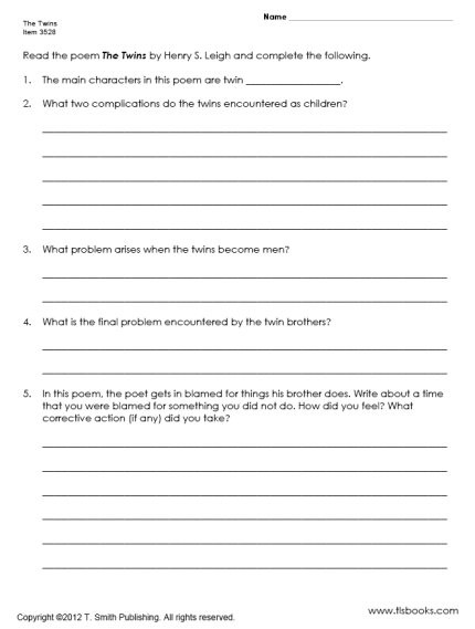 Theme Worksheet Grade 4 the Twins Poem Handout and Worksheet