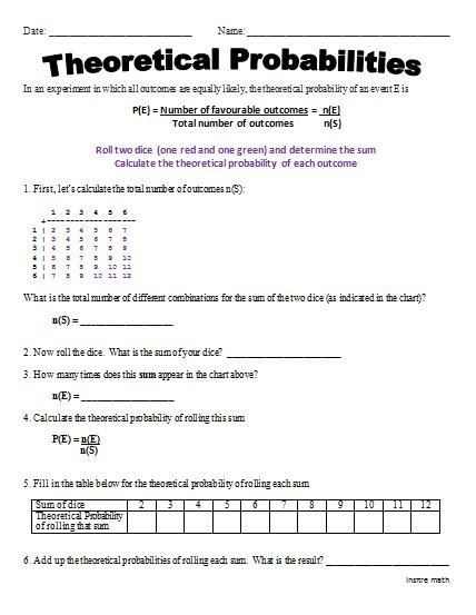 Theoretical Probability Worksheets 7th Grade theoretical Probability Ready to Go Activity with Dice