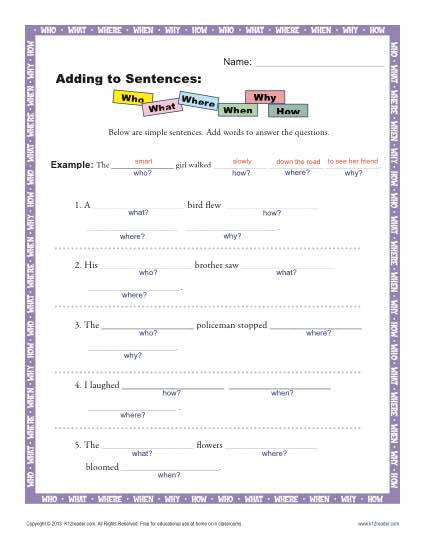 Topic Sentence Worksheets 5th Grade Adding to Sentences