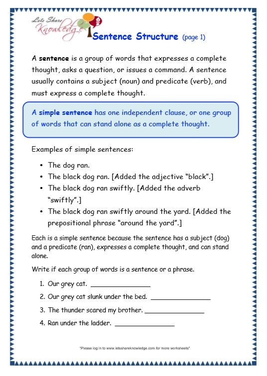 Topic Sentence Worksheets 5th Grade Grade Grammar topic Sentence Structure Worksheets with