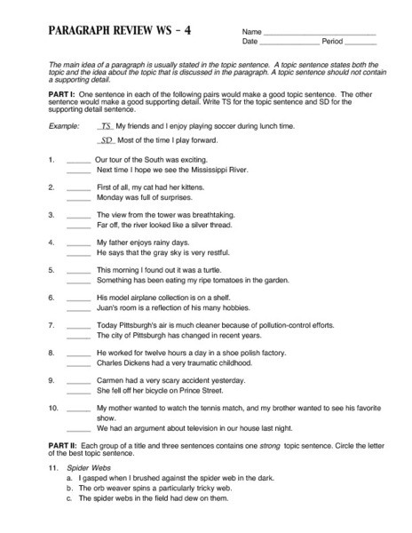 Topic Sentence Worksheets 5th Grade Paragraph Review topic Sentences and Supporting Details