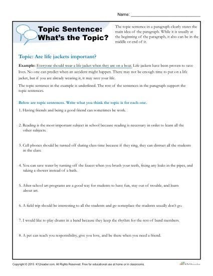 Topic Sentence Worksheets 5th Grade topic Sentence What S the topic