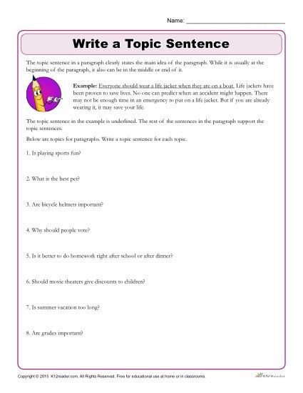 Topic Sentence Worksheets 5th Grade Write the topic Sentence