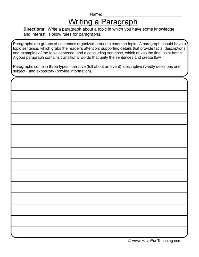Topic Sentence Worksheets 5th Grade Writing Paragraphs Worksheet