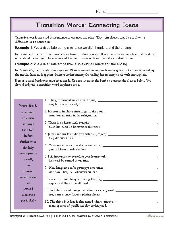 Transition Words Worksheets 4th Grade Transition Words Worksheet Connecting Ideas