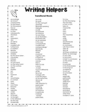 Transition Words Worksheets 4th Grade Transitional Words List