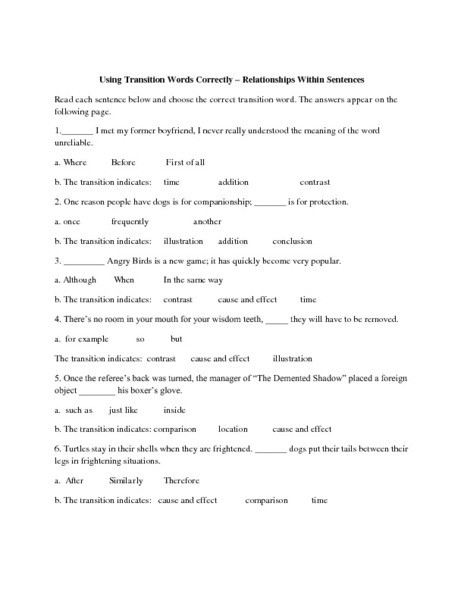 Transition Words Worksheets 4th Grade Using Transition Words Correctly Relationships within