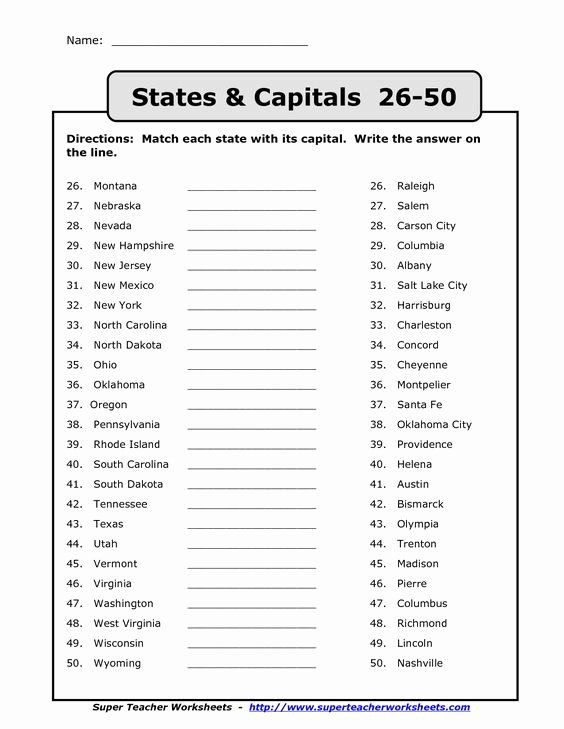 United States Capitals Quiz Printable 50 States and Capitals Matching Worksheet In 2020