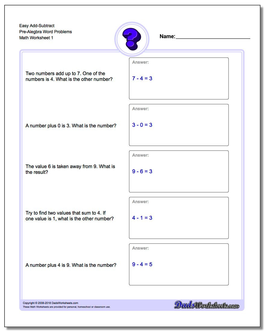 Variables Worksheets 5th Grade Pre Algebra Word Problems