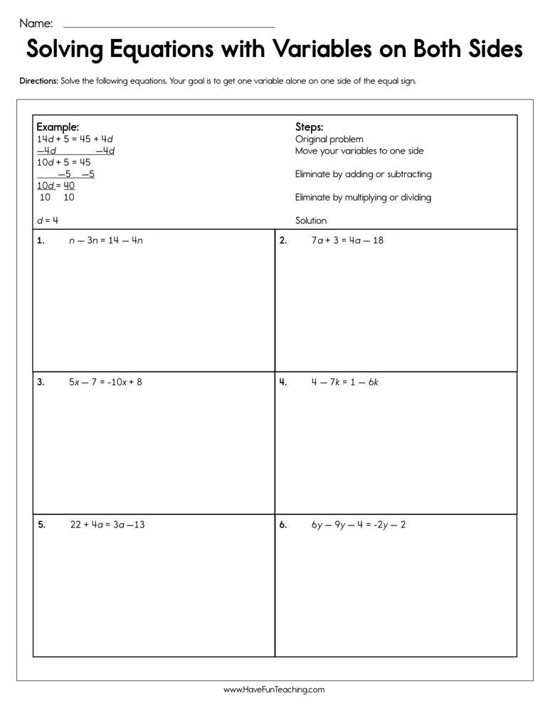 Variables Worksheets 5th Grade solving Equations with Variables On Both Sides Worksheet