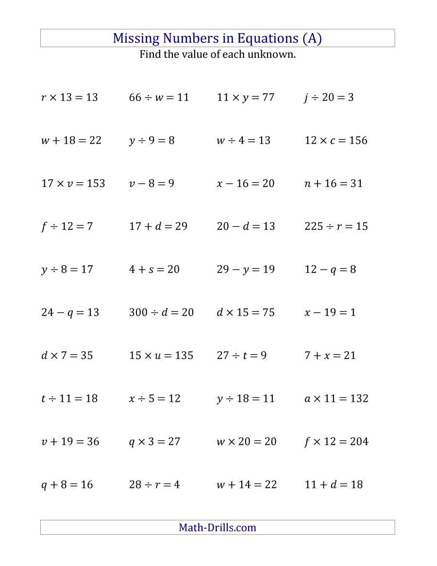Variables Worksheets 5th Grade the Missing Numbers In Equations Variables All
