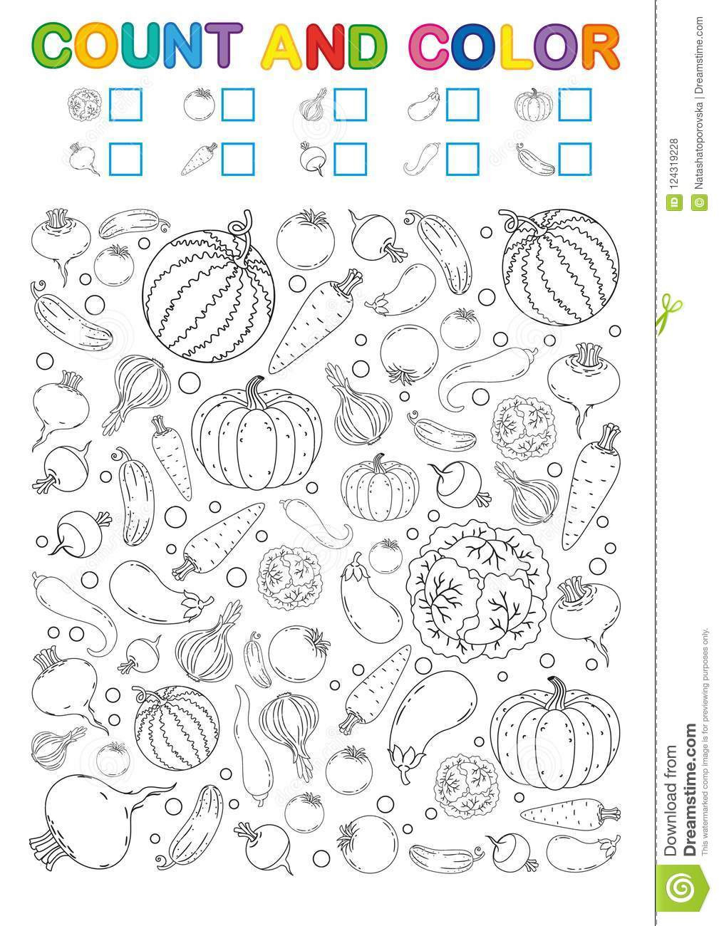 Vegetable Worksheets for Kindergarten Coloring Book Page Count and Color Printable Worksheet for