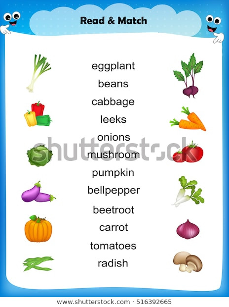 Vegetable Worksheets for Kindergarten Worksheet Match Ve Able their Names Stock Vector