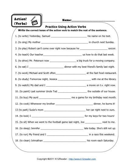 Verbs Worksheet 4th Grade Action Verb Practice Worksheets