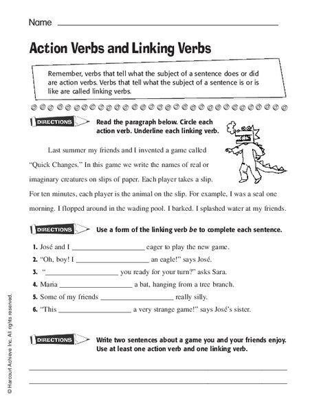 Verbs Worksheet 4th Grade Action Verbs and Linking Verbs Worksheet for 2nd 4th Grade