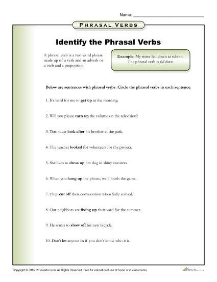Verbs Worksheet 4th Grade Identify the Phrasal Verbs