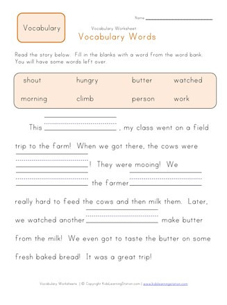 Vocabulary Worksheets for 1st Graders Fill In the Blanks Vocabulary Worksheet 1