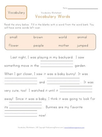 Vocabulary Worksheets for 1st Graders Fill In the Blanks Vocabulary Worksheet 2