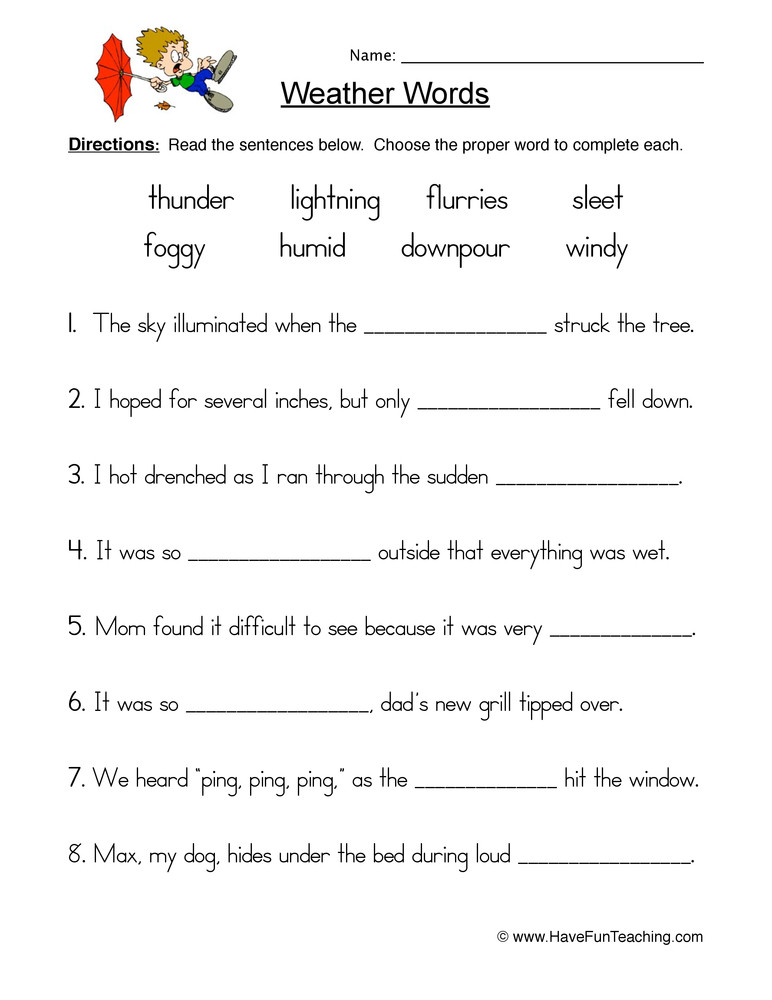 Weather Worksheets for First Graders Weather Fill In the Blank Worksheet