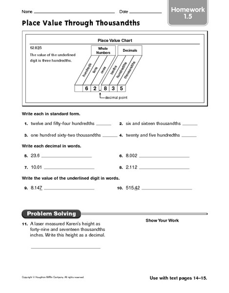 Word form Worksheets 4th Grade Place Value Through Thousandths Homework 1 5 Worksheet for