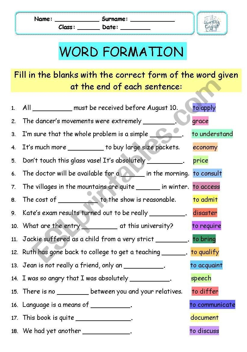 Word form Worksheets 4th Grade Word formation Keys Esl Worksheet by Vesnushka
