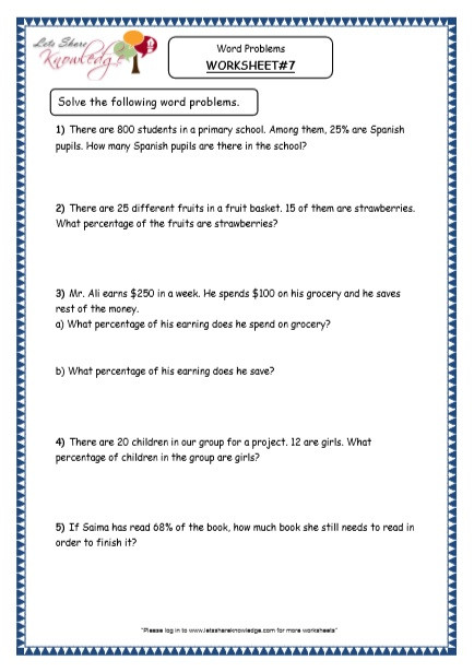 Word Problem Worksheets for Kindergarten Grade 4 Maths Resources 4 4 Word Problems Percentages