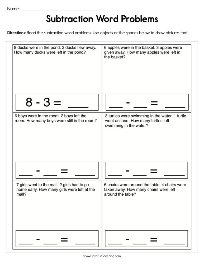 Word Problems Kindergarten Worksheets Subtraction Word Problem Worksheet