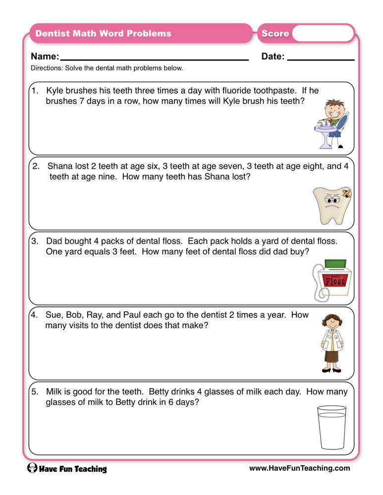 Word Problems Worksheets for Kindergarten Dental Math Word Problems Worksheet