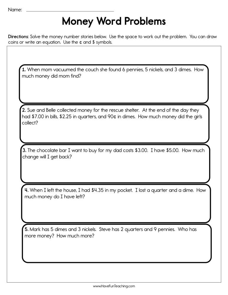Word Problems Worksheets for Kindergarten solving Money Word Problems Worksheet