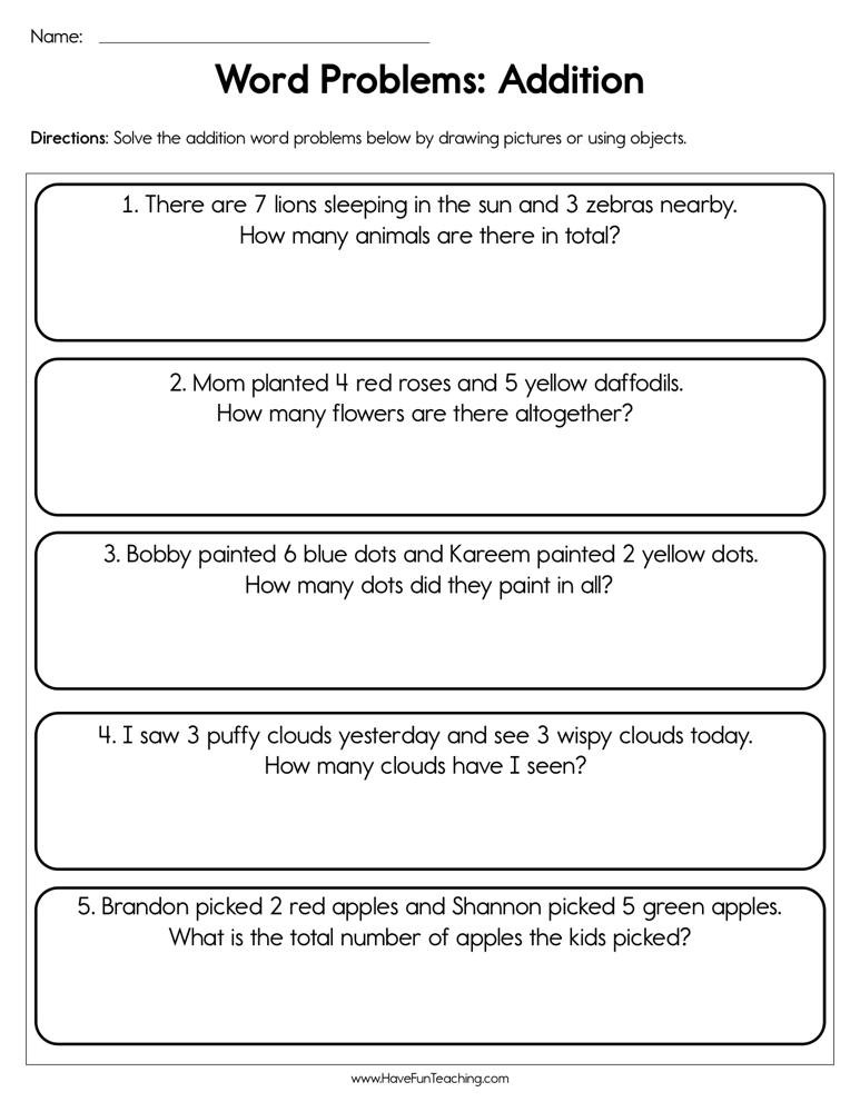 Word Problems Worksheets for Kindergarten Word Problems Addition Worksheet