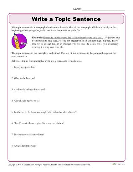 Writing Sentences Worksheets 3rd Grade Write the topic Sentence