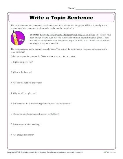Writing Worksheets 4th Grade 4th Grade Sentences Write the topic Sentence 4th Grade