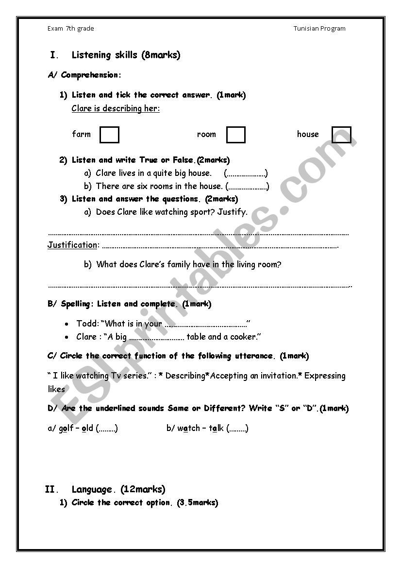 Writing Worksheets 7th Grade 7th Grade Test Esl Worksheet by Faiza69