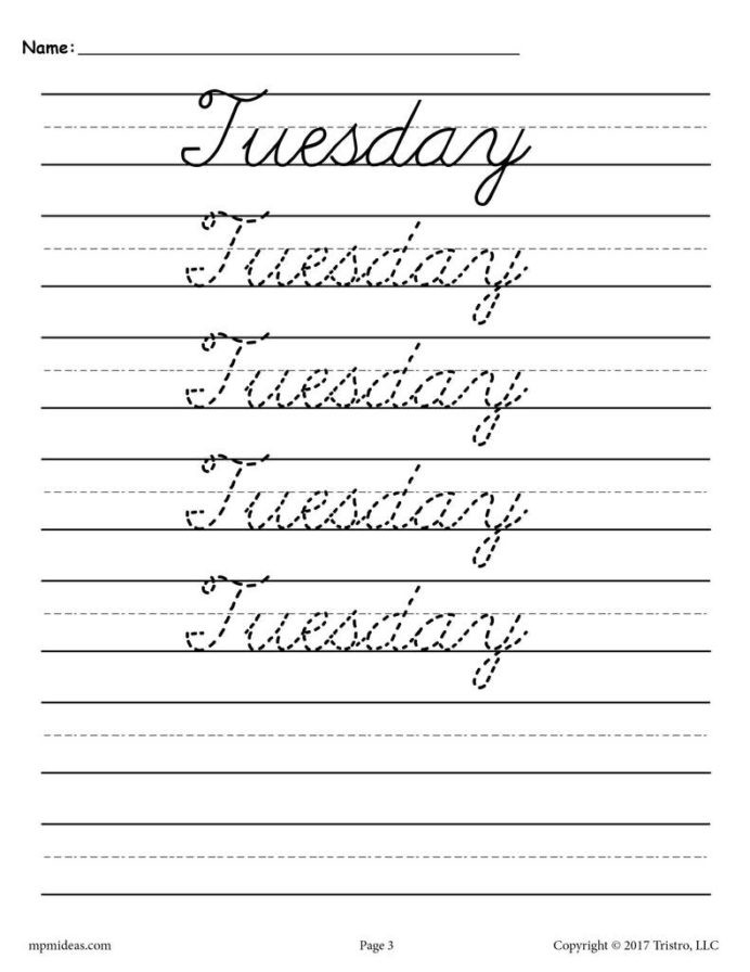 Writing Worksheets for 7th Grade Cursive Handwriting Worksheets Days the Week Supplyme