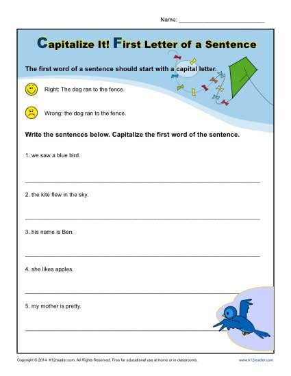1st Grade Capitalization Worksheets Kindergarten Capitalization Worksheet First Letter Of A