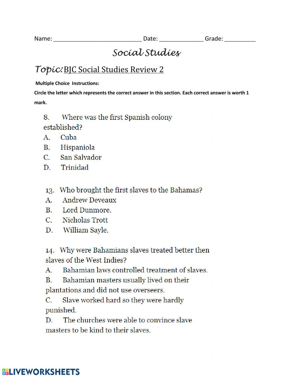 1st Grade social Studies Worksheets Bjc Review Multiple Choice Questions 3 Interactive