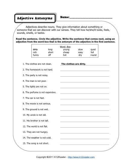 3rd Grade Adjectives Worksheets Adjective Antonyms