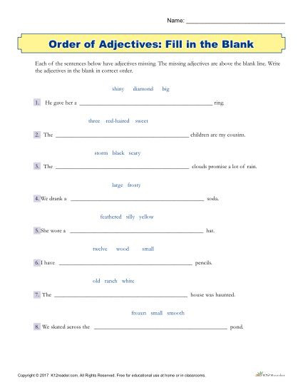 3rd Grade Adjectives Worksheets Fill In the Blank