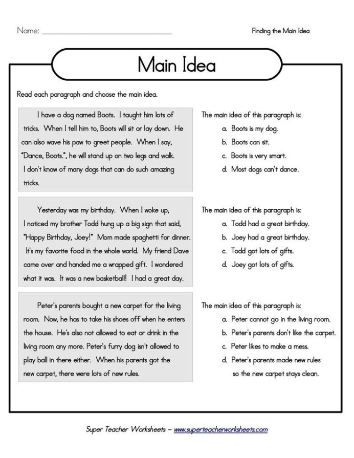 3rd Grade Main Idea Worksheets Finding the Main Idea Lessons Tes Teach and Details